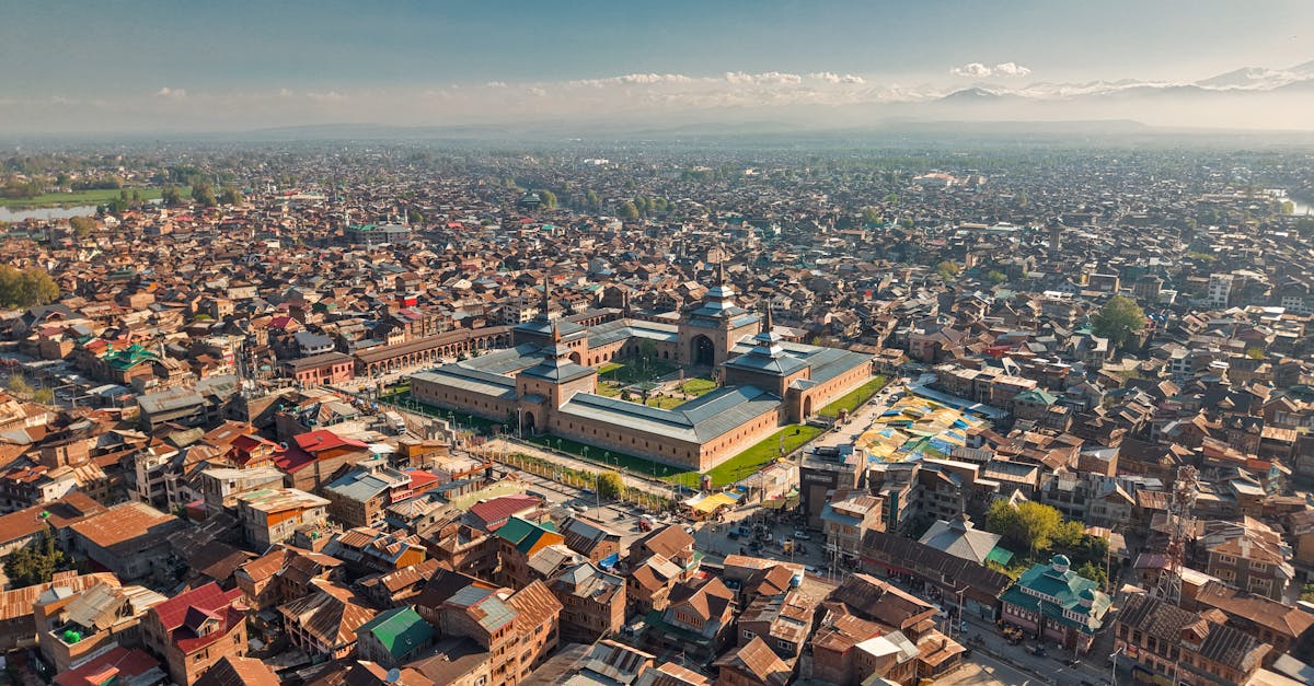 A breathtaking aerial view showcasing the iconic Jamia Masjid amidst the bustling cityscape of Srinagar.